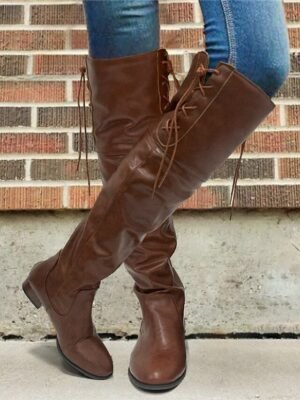 Stylish Casual Brown Side Lace-Up Knee-High Riding Boots - Image 1