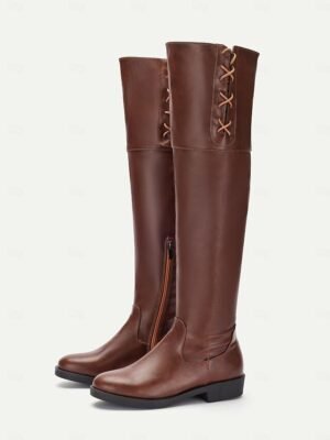 Stylish Casual Brown Side Lace-Up Knee-High Riding Boots - Image 2