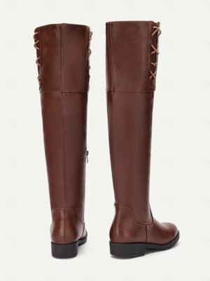 Stylish Casual Brown Side Lace-Up Knee-High Riding Boots - Image 6