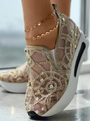 Stylish Casual Gold Sequin Mesh Slip-On Platform Sneakers - Image 1
