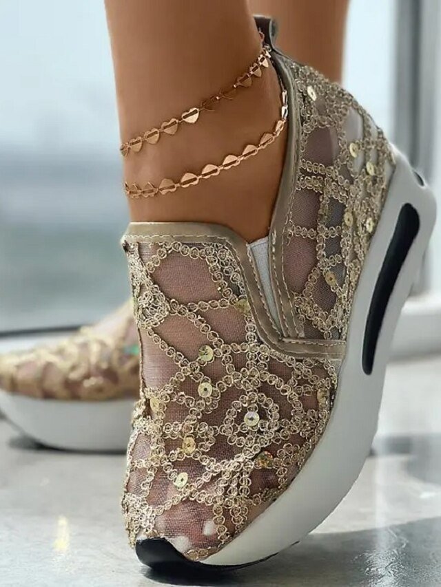 Stylish Casual Gold Sequin Mesh Slip-On Platform Sneakers - Image 1