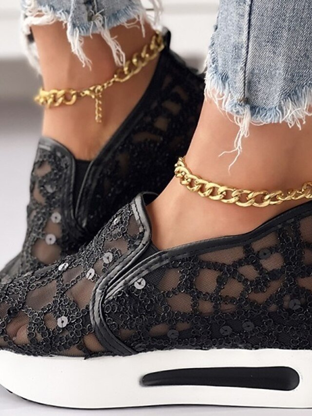 Stylish Casual Gold Sequin Mesh Slip-On Platform Sneakers - Image 10
