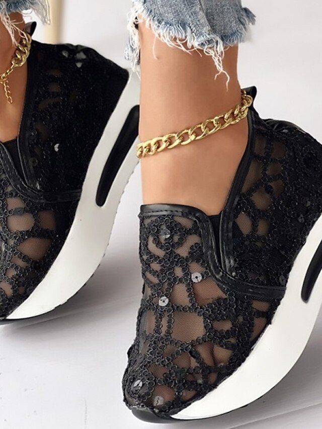 Stylish Casual Gold Sequin Mesh Slip-On Platform Sneakers - Image 11