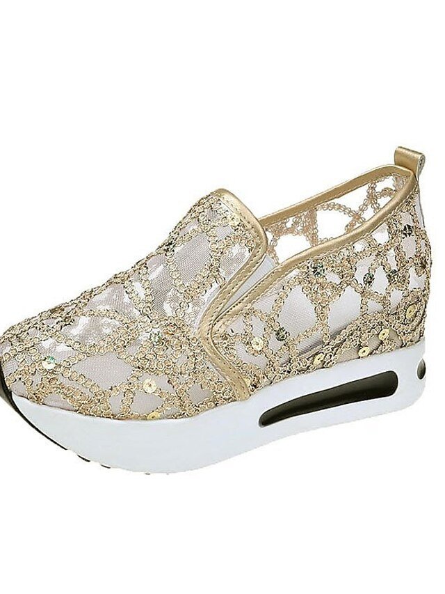 Stylish Casual Gold Sequin Mesh Slip-On Platform Sneakers - Image 12