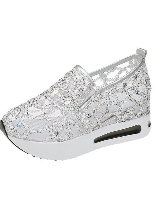 Stylish Casual Gold Sequin Mesh Slip-On Platform Sneakers - Image 13