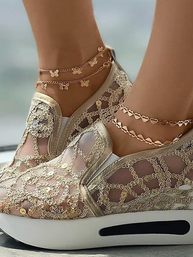 Stylish Casual Gold Sequin Mesh Slip-On Platform Sneakers - Image 2
