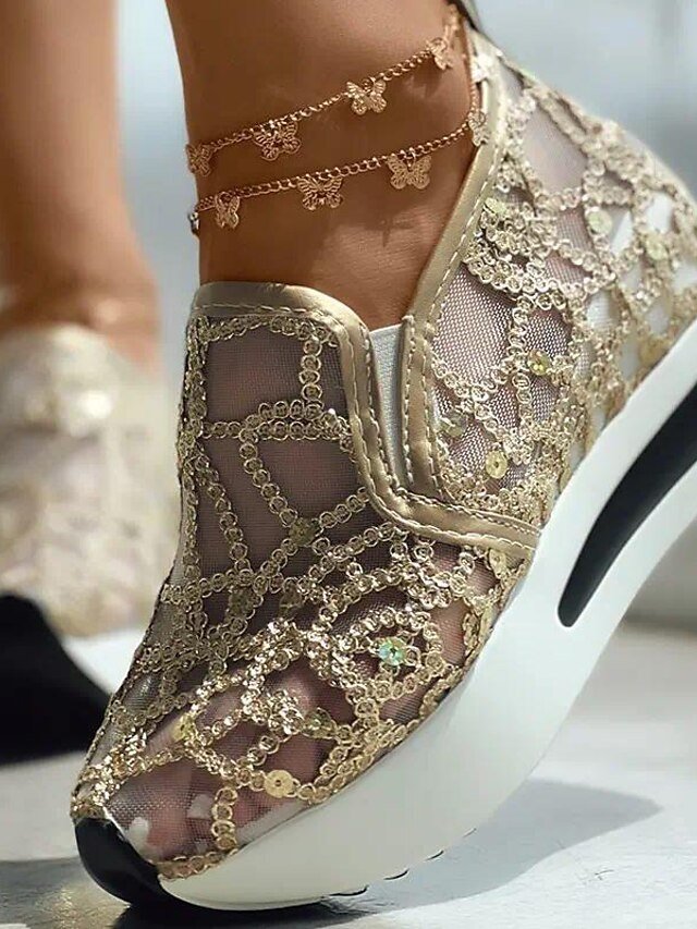 Stylish Casual Gold Sequin Mesh Slip-On Platform Sneakers - Image 3