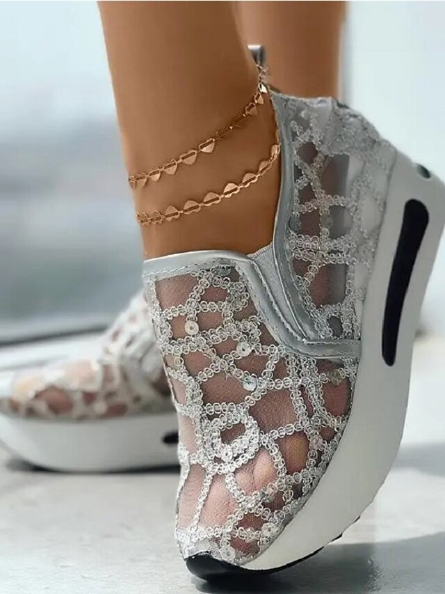 Stylish Casual Gold Sequin Mesh Slip-On Platform Sneakers - Image 4