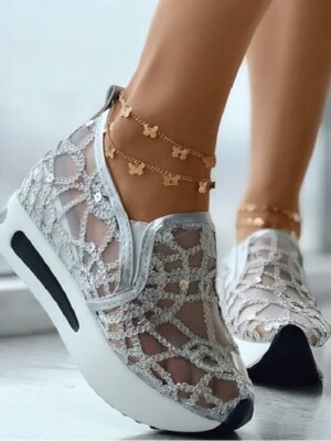 Stylish Casual Gold Sequin Mesh Slip-On Platform Sneakers - Image 5