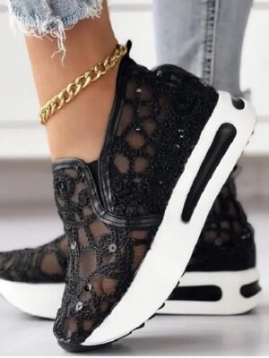 Stylish Casual Gold Sequin Mesh Slip-On Platform Sneakers - Image 6