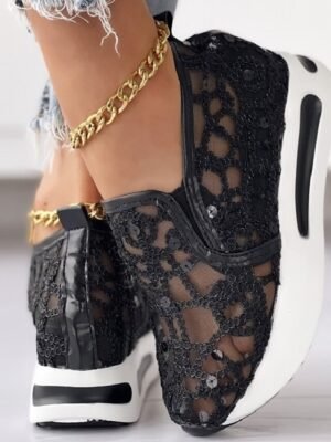 Stylish Casual Gold Sequin Mesh Slip-On Platform Sneakers - Image 7