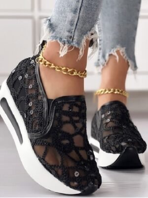 Stylish Casual Gold Sequin Mesh Slip-On Platform Sneakers - Image 8
