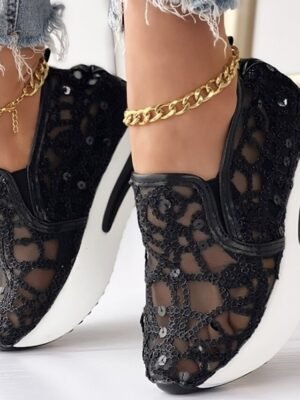 Stylish Casual Gold Sequin Mesh Slip-On Platform Sneakers - Image 9