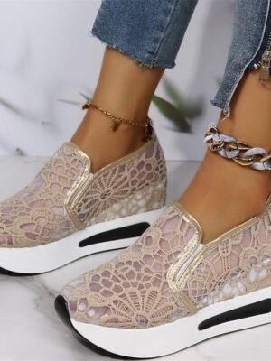 Stylish Casual Lace Mesh Slip-On Platform Sneakers - Image 5