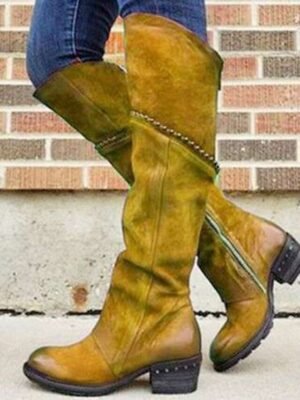 Stylish Casual Studded Round Toe Knee-High Suede Boots - Image 2