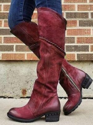 Stylish Casual Studded Round Toe Knee-High Suede Boots - Image 3