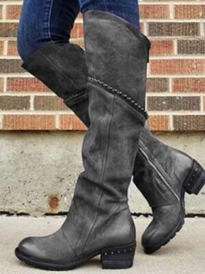 Stylish Casual Studded Round Toe Knee-High Suede Boots - Image 4