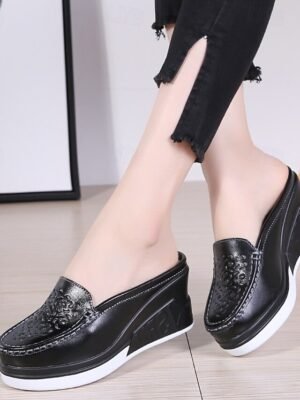 Stylish Embossed Leather Slip-On Wedge Loafers - Image 2