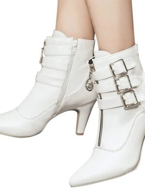 Stylish Faux Leather Pointed Toe Ankle Buckle Kitten Heel Boots - Image 4