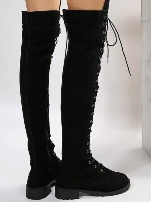 Stylish Flat Heel Lace-Up Over-the-Knee Suede Boots - Image 4