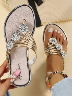 Stylish Flat Rhinestone Embellished Slip-On Gold Sandals - Image 1