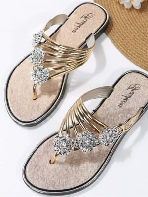 Stylish Flat Rhinestone Embellished Slip-On Gold Sandals - Image 10
