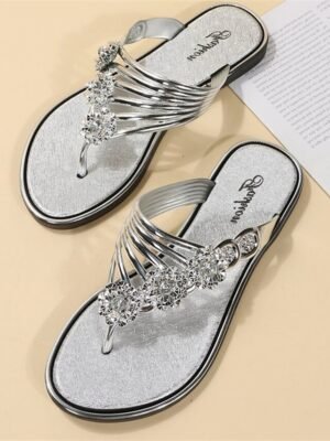 Stylish Flat Rhinestone Embellished Slip-On Gold Sandals - Image 11
