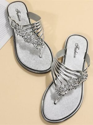 Stylish Flat Rhinestone Embellished Slip-On Gold Sandals - Image 9
