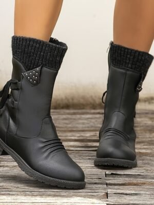 Stylish Gray Suede Mid-Calf Lace-Up Boots - Image 15