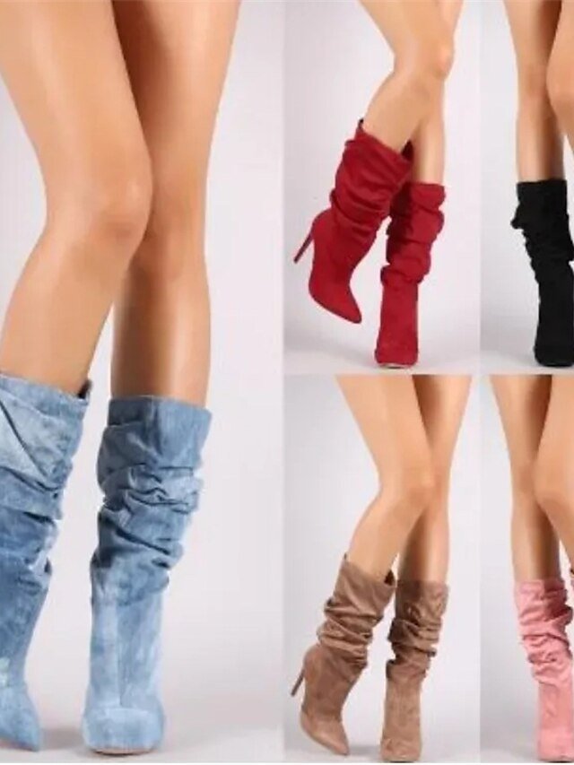 Stylish High Heel Pointed Toe Mid-Calf Suede Slouch Boots - Image 1