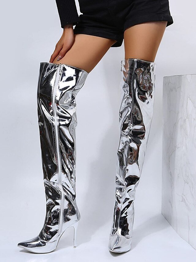 Stylish High Heel Pointed Toe Silver Over-the-Knee Boots - Image 1
