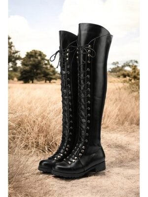 Stylish High Lace-Up Round Toe Faux Leather Over-the-Knee Boots - Image 3