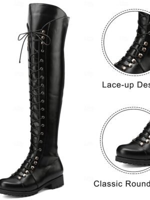 Stylish High Lace-Up Round Toe Faux Leather Over-the-Knee Boots - Image 4