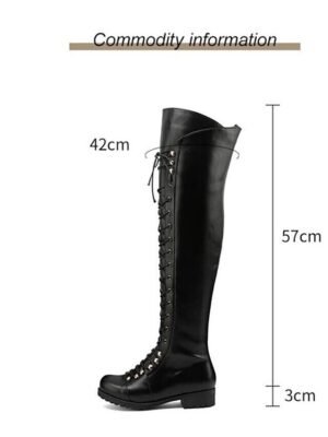 Stylish High Lace-Up Round Toe Faux Leather Over-the-Knee Boots - Image 5