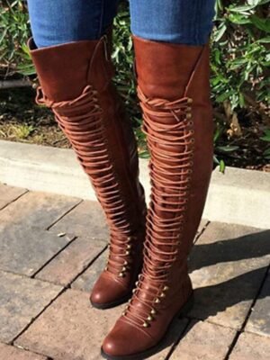 Stylish High Lace-Up Round Toe Faux Leather Over-the-Knee Boots - Image 8