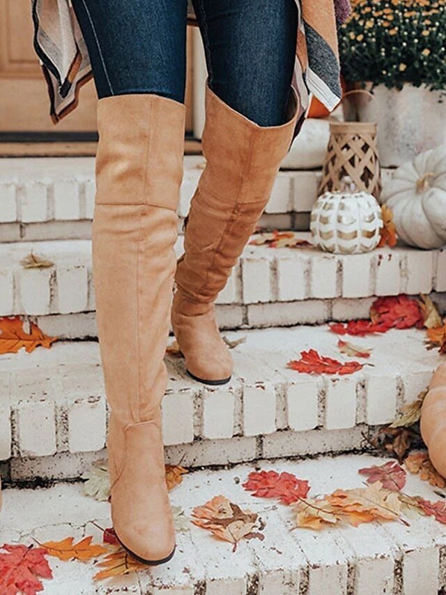 Stylish Khaki Faux Suede Over-the-Knee Block Heel Boots - Image 1