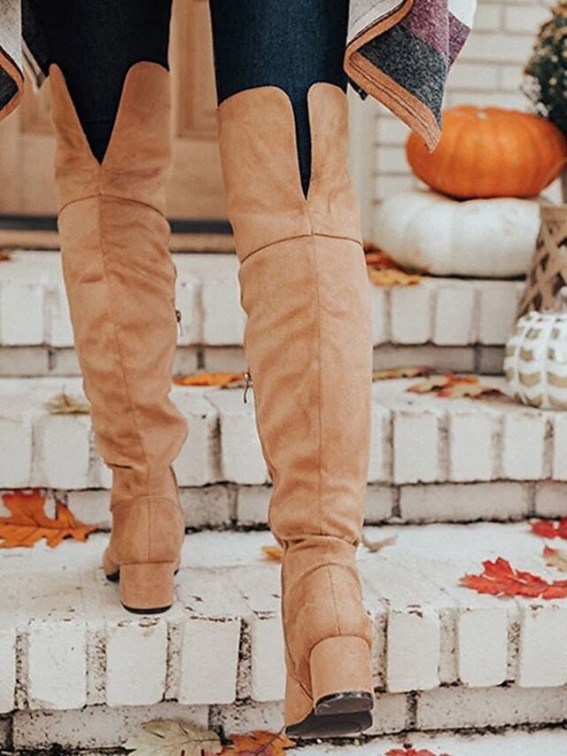 Stylish Khaki Faux Suede Over-the-Knee Block Heel Boots - Image 2