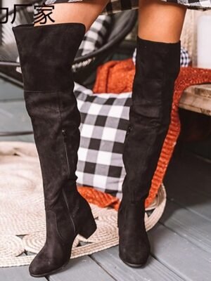 Stylish Khaki Faux Suede Over-the-Knee Block Heel Boots - Image 3