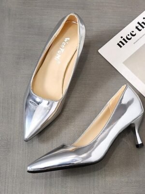 Stylish Kitten Heel Metallic Pointed Toe Pumps - Image 5