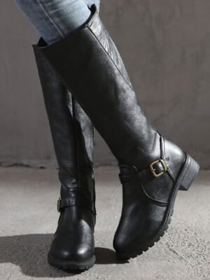Stylish Knee-High Buckle Faux Leather Riding Boots - Image 10