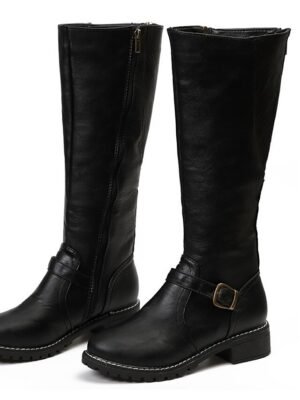 Stylish Knee-High Buckle Faux Leather Riding Boots - Image 12