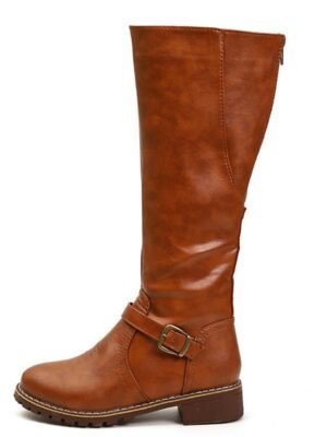 Stylish Knee-High Buckle Faux Leather Riding Boots - Image 2