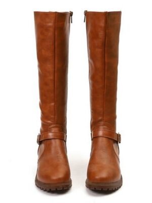 Stylish Knee-High Buckle Faux Leather Riding Boots - Image 3