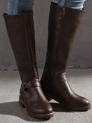 Stylish Knee-High Buckle Faux Leather Riding Boots - Image 4