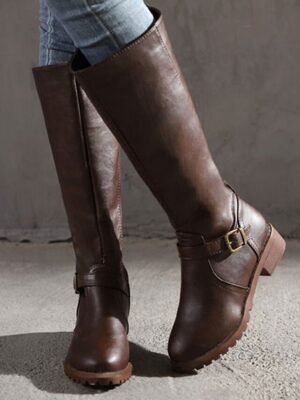 Stylish Knee-High Buckle Faux Leather Riding Boots - Image 5