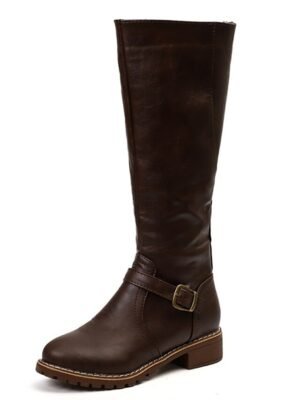 Stylish Knee-High Buckle Faux Leather Riding Boots - Image 6