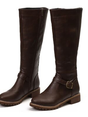 Stylish Knee-High Buckle Faux Leather Riding Boots - Image 9