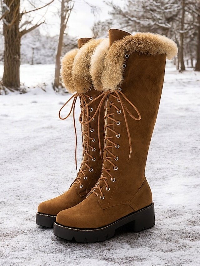 Stylish Knee-High Lace-Up Faux Suede Boots - Image 2