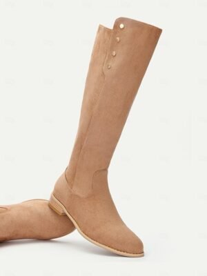 Stylish Knee-High Suede Button Detail Boots - Image 3