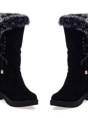 Stylish Lace-Up Faux Fur Trimmed Round Toe Winter Boots - Image 2